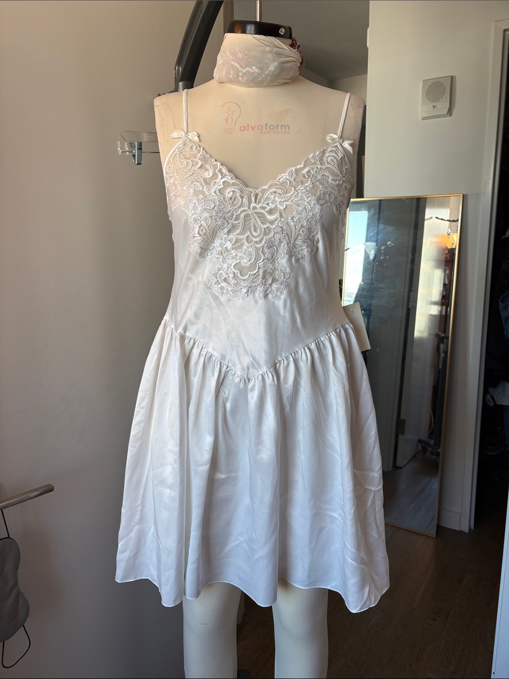 Natori White Lace-Trim Satin Chemise Slip